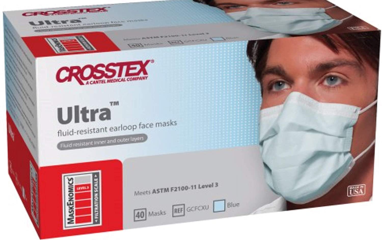 Crosstex GCFCXU Ultra Earloop ASTM Level 3 Face Masks Fluid Resistant Blue 40/Bx Crosstex GCFCXU Ultra Earloop ASTM Level 3 Face Masks Fluid Resistant Blue 40/Bx